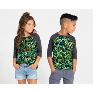 LuLaRoe Sloan Boys Girls Tee 8‎ Green Gold Black Gray Abstract Baseball Shirt